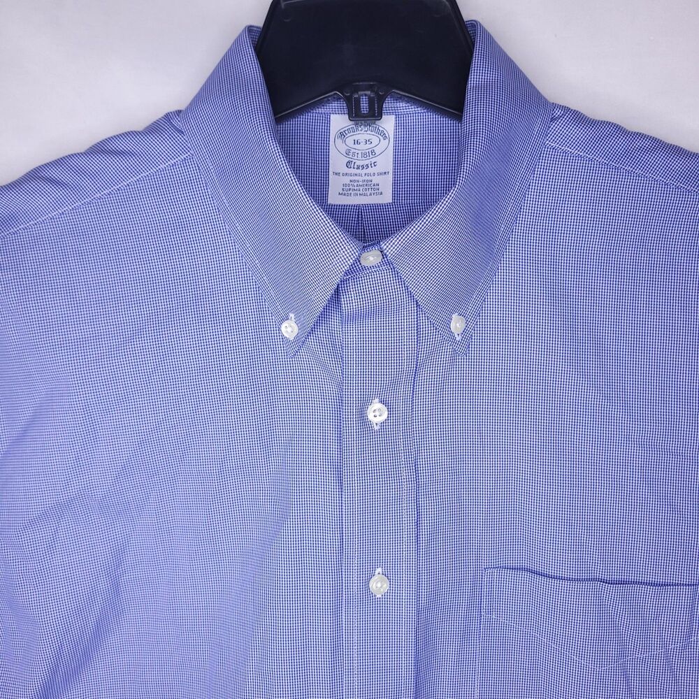 Brooks Brothers Dress Shirt Mens 16 Houndstooth Blue Supima Cotton Non Iron